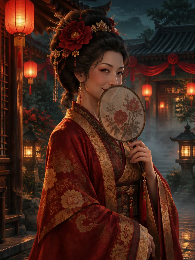 Madam Quell, perantara jodoh dengan hiasan rambut bunga sutra merah, menutup mulut dengan kipas bundar sambil tersenyum.